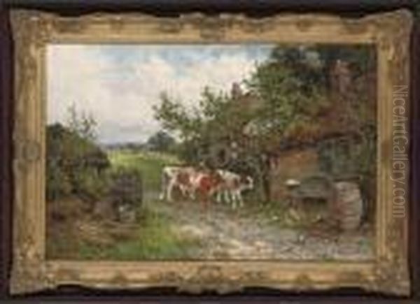 A Farmyard Discussion Oil Painting by Henry Hillier Parker