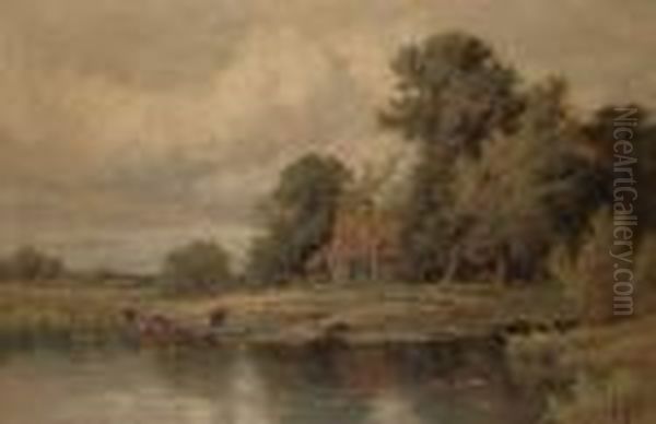 Cattle Watering By A River, A Cottage Beyond Oil Painting by Henry Hillier Parker