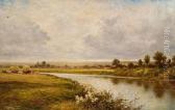 Hay Carts And Figures Beside A Meandering River Oil Painting by Henry Hillier Parker