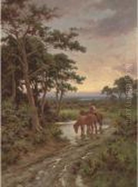 Watering The Horses, Sunset Oil Painting by Henry Hillier Parker