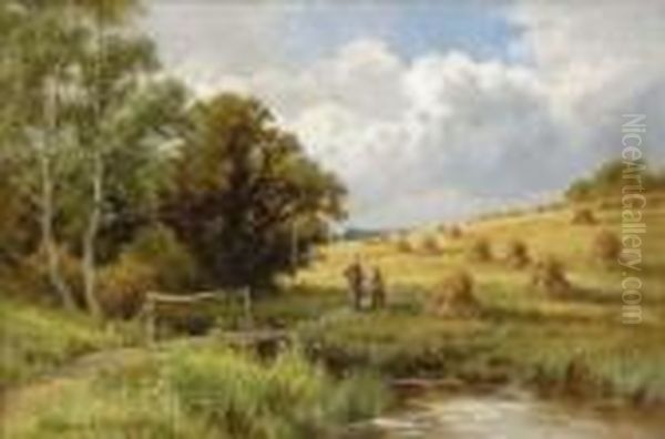 A Summer Landscape With Figures In A Hay Field Oil Painting by Henry Hillier Parker