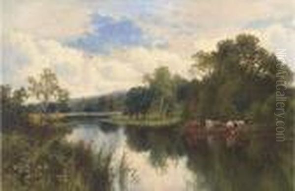 Cattle Watering On A Summer's Day Oil Painting by Henry Hillier Parker