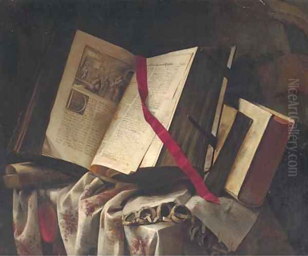 Books on a partly draped table Oil Painting by Pieter Gerritsz. van Roestraten