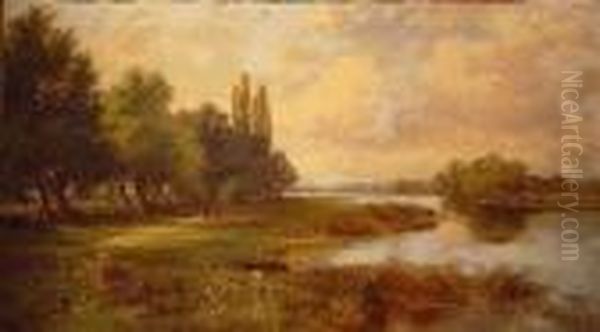 A Stroll Along The Banks Of The River Oil Painting by Henry Hillier Parker