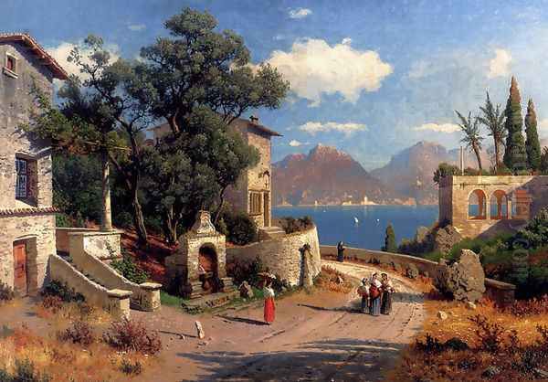 An Italian Village By A Lake Oil Painting by Carl Gustav Rodde