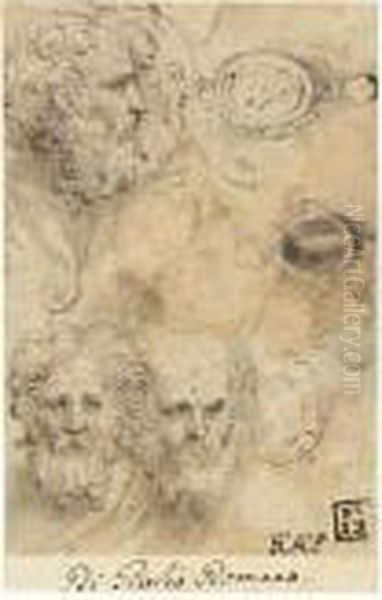 Sheet Of Studies With Four Heads
 Of Bearded Men One In Profile And Three Studies
 Of Pendant Jewels One With A Standing Figure 
And Another With An Oval Portrait Oil Painting by Girolamo Francesco Maria Mazzola (Parmigianino)