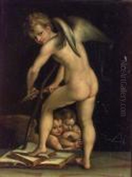 Cupid Carving His Bow. Oil Painting by Girolamo Francesco Maria Mazzola (Parmigianino)