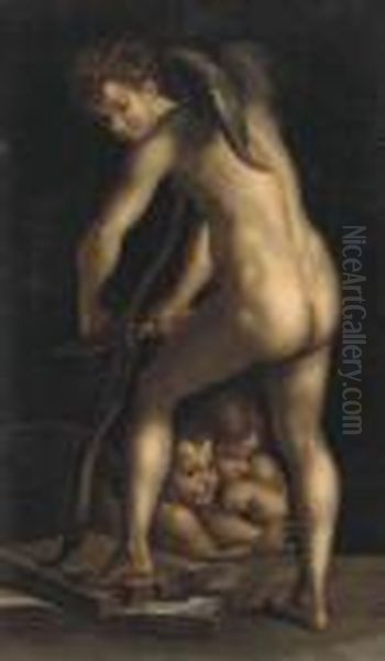 Cupid Carving His Bow Oil Painting by Girolamo Francesco Maria Mazzola (Parmigianino)