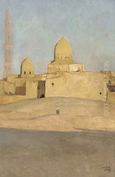 A figure on sand dunes befoe a Cairo Mosque Oil Painting by Sir William Blake Richmond