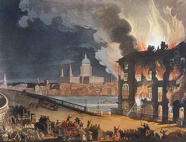 Fire in London, from the Microcosm of London, or London in Miniature, Vol. II, by Rudolph Ackerman, engraved by J. Bluch Oil Painting by T. Rowlandson & A.C. Pugin