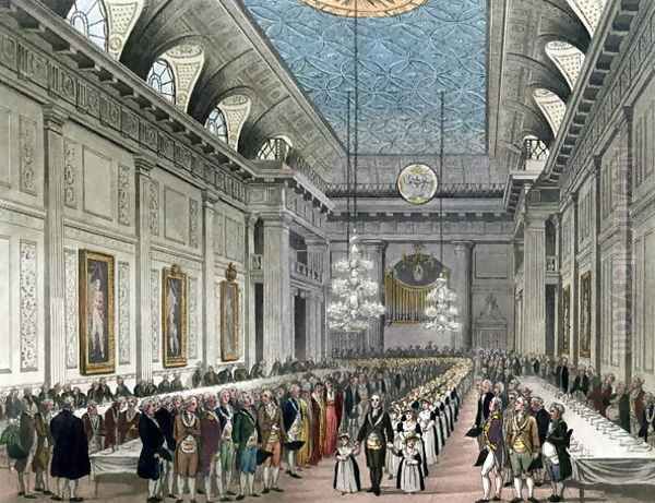 The Procession at Freemasons Hall, Queen Street, on the occasion of the Annual Dinner for young girls assisted by the Order, from Ackermanns Microcosm of London Oil Painting by T. Rowlandson & A.C. Pugin