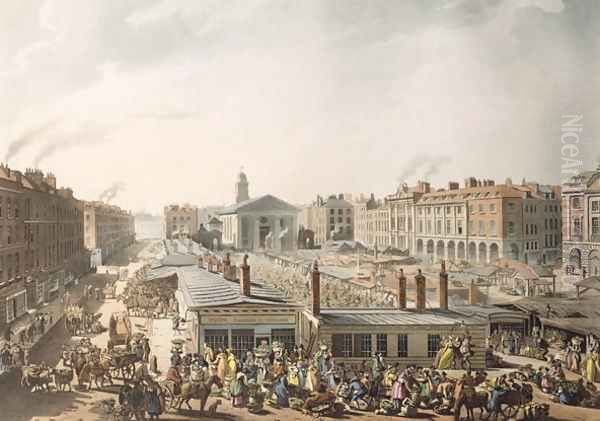 Covent Garden Market, Birds Eye View, from Ackermanns Microcosm of London, 1811 Oil Painting by T. Rowlandson & A.C. Pugin