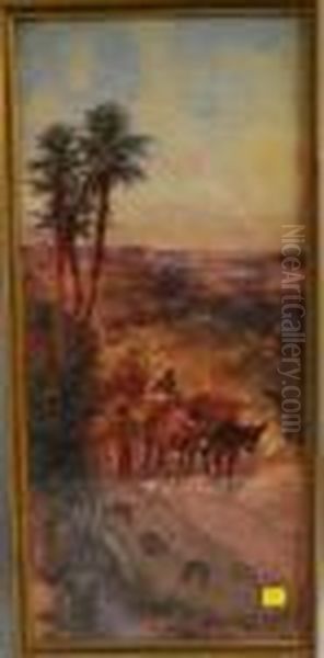 Pack Mules And Travelers In A Middle Eastern Landscape Oil Painting by Paul Pascal