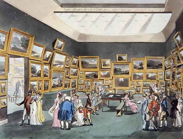 Exhibition of Water Coloured Drawings, Old Bond Street, plate 34, from Ackermanns Microcosm of London, or, London in Miniature, published by Rudolph Ackermann 1764-1834 engraved by Joseph Constantine Stadler fl.1780-1812 1808 Oil Painting by T. Rowlandson & A.C. Pugin