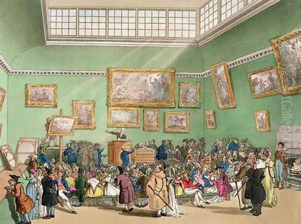 Christies Auction Room, aquatinted by J. Bluck fl.1791-1819 from Ackermanns Microcosm of London Vol 1, pub. 1809 Oil Painting by T. Rowlandson & A.C. Pugin