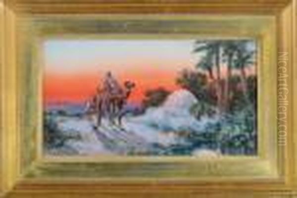 Two Arabs And A Camel On A Desert Path At Sunset Oil Painting by Paul Pascal