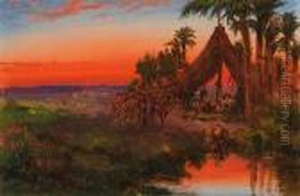 Coucher De Soleil Sur L'oasis Oil Painting by Paul Pascal