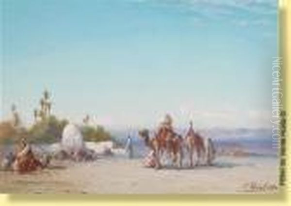 Caravane Arrivant A L'oasis Oil Painting by Paul Pascal