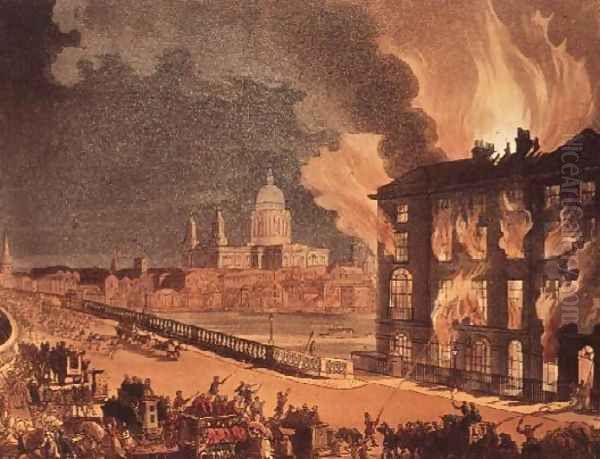 Fire at Albion Mill, Blackfrias Bridge, from Ackermanns Microcosm of London c.1808-11 Oil Painting by T. Rowlandson & A.C. Pugin