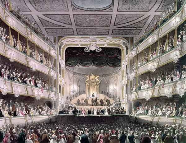 Covent Garden Theatre, 1808, from Ackermanns Microcosm of London engraved by J. Bluck fl.1791-1831 2 Oil Painting by T. Rowlandson & A.C. Pugin