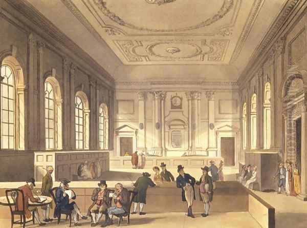 Dividend Hall at South Sea House, pub. by R. Ackermann, 1810 Oil Painting by T. Rowlandson & A.C. Pugin