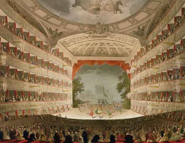 Kings Theatre Opera House, engraved by J. Bluck, pub. by Ackermanns Repository of Arts Oil Painting by T. Rowlandson & A.C. Pugin