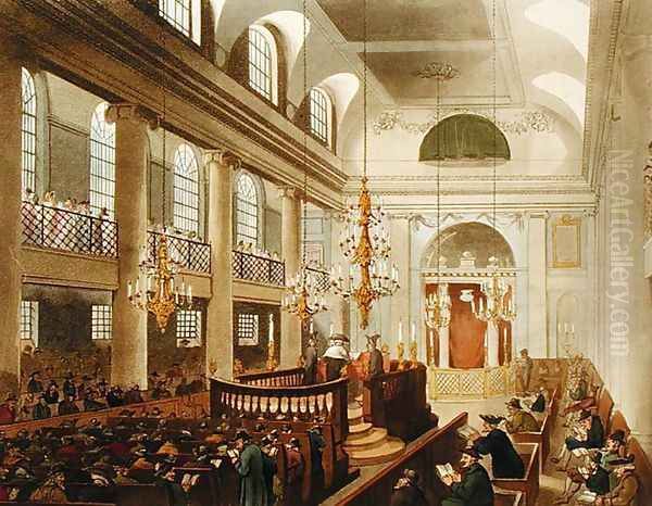 Synagogue, Dukes Place, Houndsditch, from Ackermann's 'Microcosm of London, engraved by Sunderland, 1809 Oil Painting by T. Rowlandson & A.C. Pugin