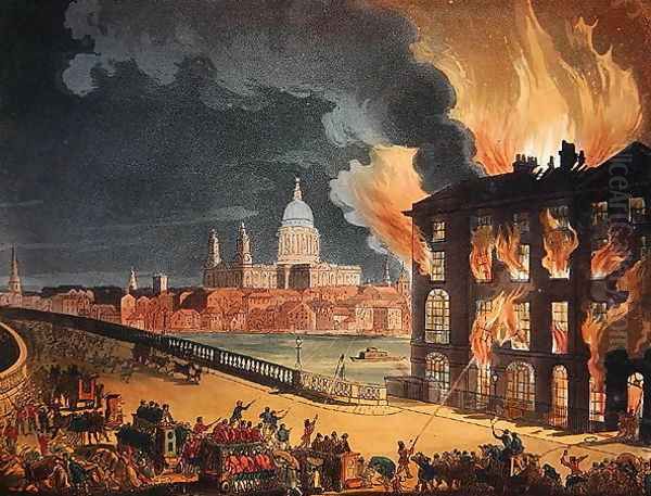 Fire at Albion Mill, Blackfriars Bridge, from Ackermanns Microcosm of London c.1808-11 2 Oil Painting by T. Rowlandson & A.C. Pugin