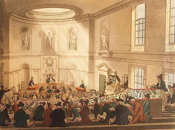 India House, the Sale Room, pub. by Ackermann, 1808 Oil Painting by T. Rowlandson & A.C. Pugin