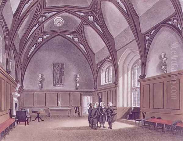 Lambeth Palace, interior view of the Guardroom, aquatinted by Joseph Constantine Stadler fl.1780-1812 Oil Painting by T. Rowlandson & A.C. Pugin