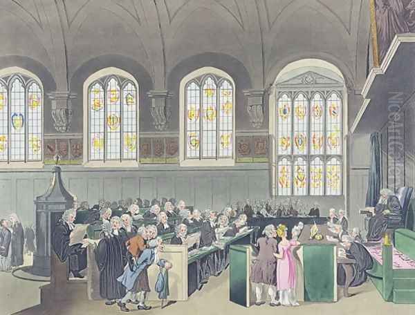 Court of Chancery, Lincolns Inn Hall, engraved by Constantine Stadler fl.1780-1812, 1808 Oil Painting by T. Rowlandson & A.C. Pugin