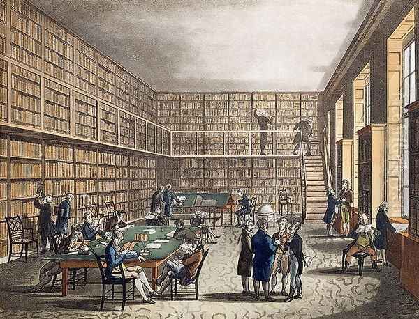 The Library at The Royal Institution, Albemarle Street, engraved by Joseph Constantine fl.1780-1812 Stadler, 1809 Oil Painting by T. Rowlandson & A.C. Pugin