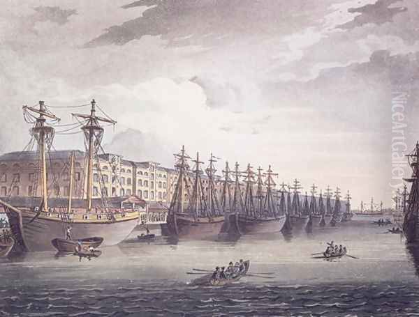 West India Docks, 1810 Oil Painting by T. Rowlandson & A.C. Pugin