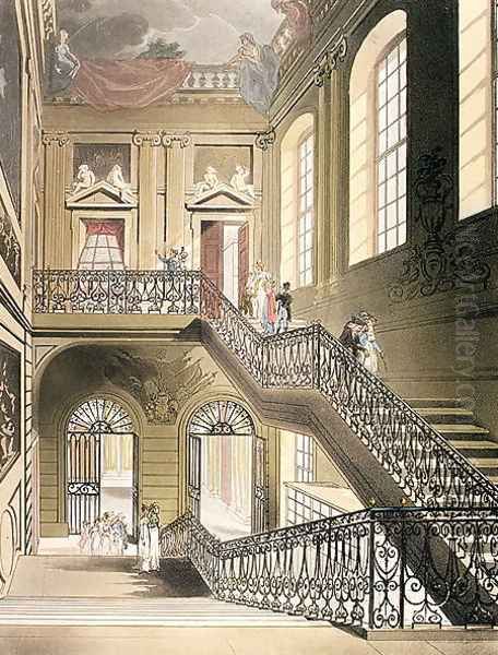 The Hall and Staircase from the British Museum from Ackermanns Microcosm of London Oil Painting by T. Rowlandson & A.C. Pugin