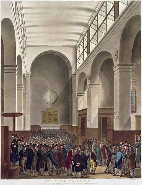 The New Stock Exchange, Bartholomew Lane, from Ackermanns Microcosm of London, published 1809 Oil Painting by T. Rowlandson & A.C. Pugin