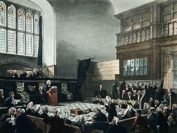 Court of Exchequer, Westminster Hall, from The Microcosm of London, engraved by J. C. Stadler fl.1780-1812, pub. by R. Ackermann 1764-1834 1808 Oil Painting by T. Rowlandson & A.C. Pugin