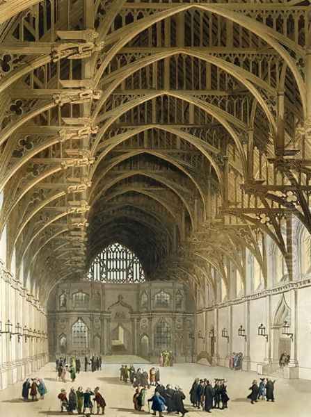 Westminster Hall, engraved by J. Bluck fl.1791-1831 pub. by R. Ackermann, 1809 Oil Painting by T. Rowlandson & A.C. Pugin