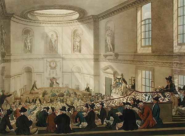 India House, The Sale Room, from Ackermanns Microcosm of London, engraved by Joseph Constantine Stadler fl.1780-1812, 1808 Oil Painting by T. Rowlandson & A.C. Pugin