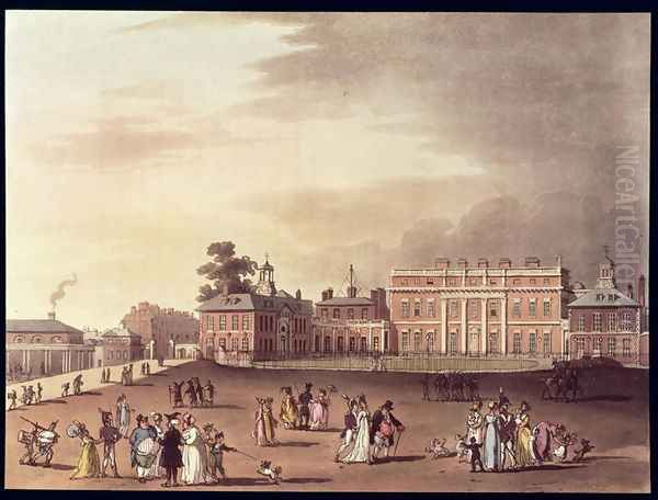 Queens Palace, St. Jamess Park, from Ackermanns Microcosm of London Oil Painting by T. Rowlandson & A.C. Pugin