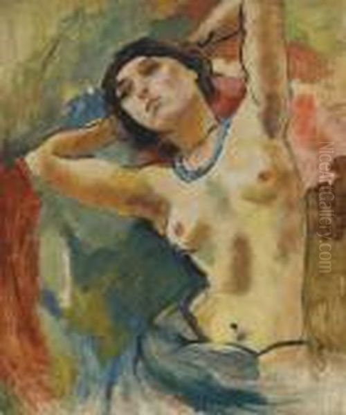 Brune Au Collier Bleu Oil Painting by Jules Pascin