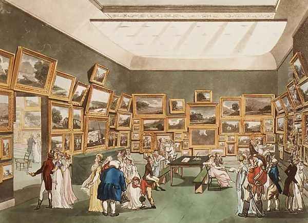 Old Bond Street Exhibition of Watercolour Drawings from Ackermanns Microcosm of London Oil Painting by T. Rowlandson & A.C. Pugin