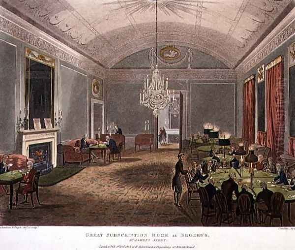 Great Subscription Room at Brookss, St.Jamess, engraved by Stadler, from Ackermanns Microcosm of London Oil Painting by T. Rowlandson & A.C. Pugin