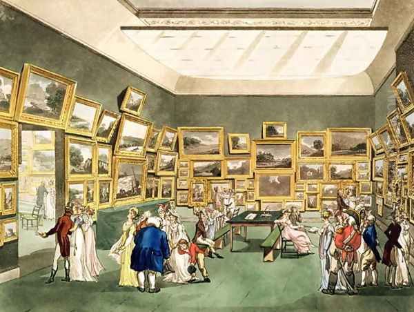 Exhibition of Watercoloured Drawings by the Society of Painters in Watercolours, from 'The Microcosm of London, engraved by J. C. Stadler fl.1780-1812, pub. by R. Ackermann 1764-1831 1808 Oil Painting by T. Rowlandson & A.C. Pugin