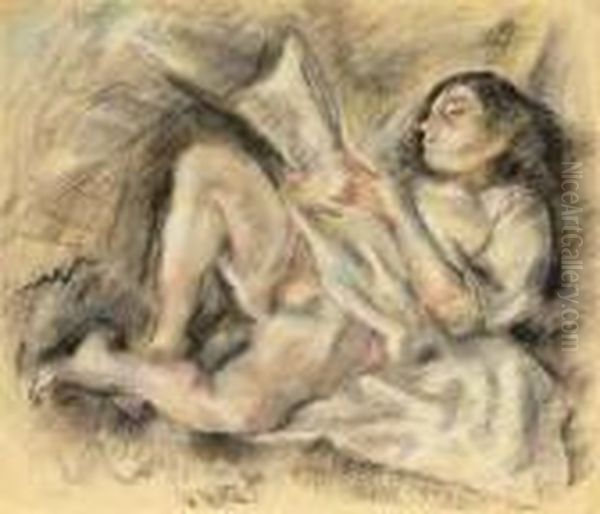 Femme Allongee Lisant Oil Painting by Jules Pascin