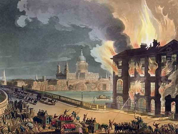 Fire at Albion Mill, Blackfriars Bridge, from Ackermanns Microcosm of London c.1808-11 Oil Painting by T. Rowlandson & A.C. Pugin