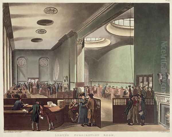 Royal Exchange, Lloyds Subscription Room, from Ackermanns Microcosm of London, 1809 Oil Painting by T. Rowlandson & A.C. Pugin