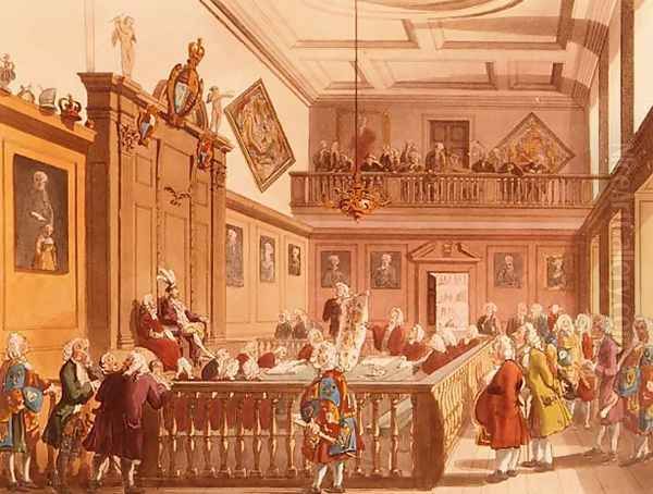 The Court of Chivalry in session in the Earl Marshals Court at the College of Arms from Ackermanns Microcosm of London, 1809 Oil Painting by T. Rowlandson & A.C. Pugin