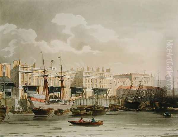 Custom House from the River Thames, from Ackermanns Microcosm of London, engraved by John Bluck fl.1791-1819, 1808 Oil Painting by T. Rowlandson & A.C. Pugin