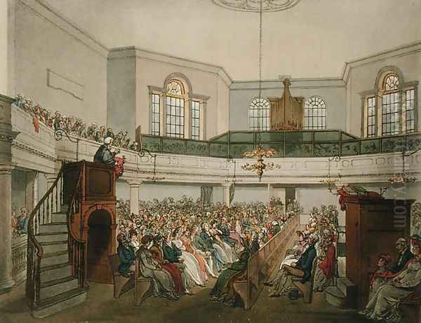 Magdalen Chapel, from Ackermanns Microcosm of London, engraved by John Bluck fl.1791-1831, 1809 Oil Painting by T. Rowlandson & A.C. Pugin