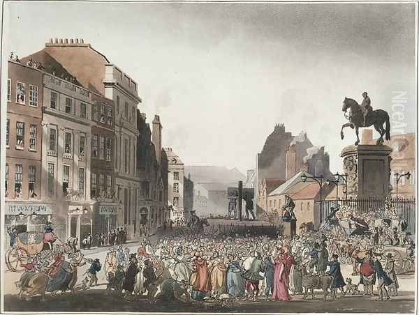 Pillory at Charing Cross from Ackermanns Microcosm of London Oil Painting by T. Rowlandson & A.C. Pugin